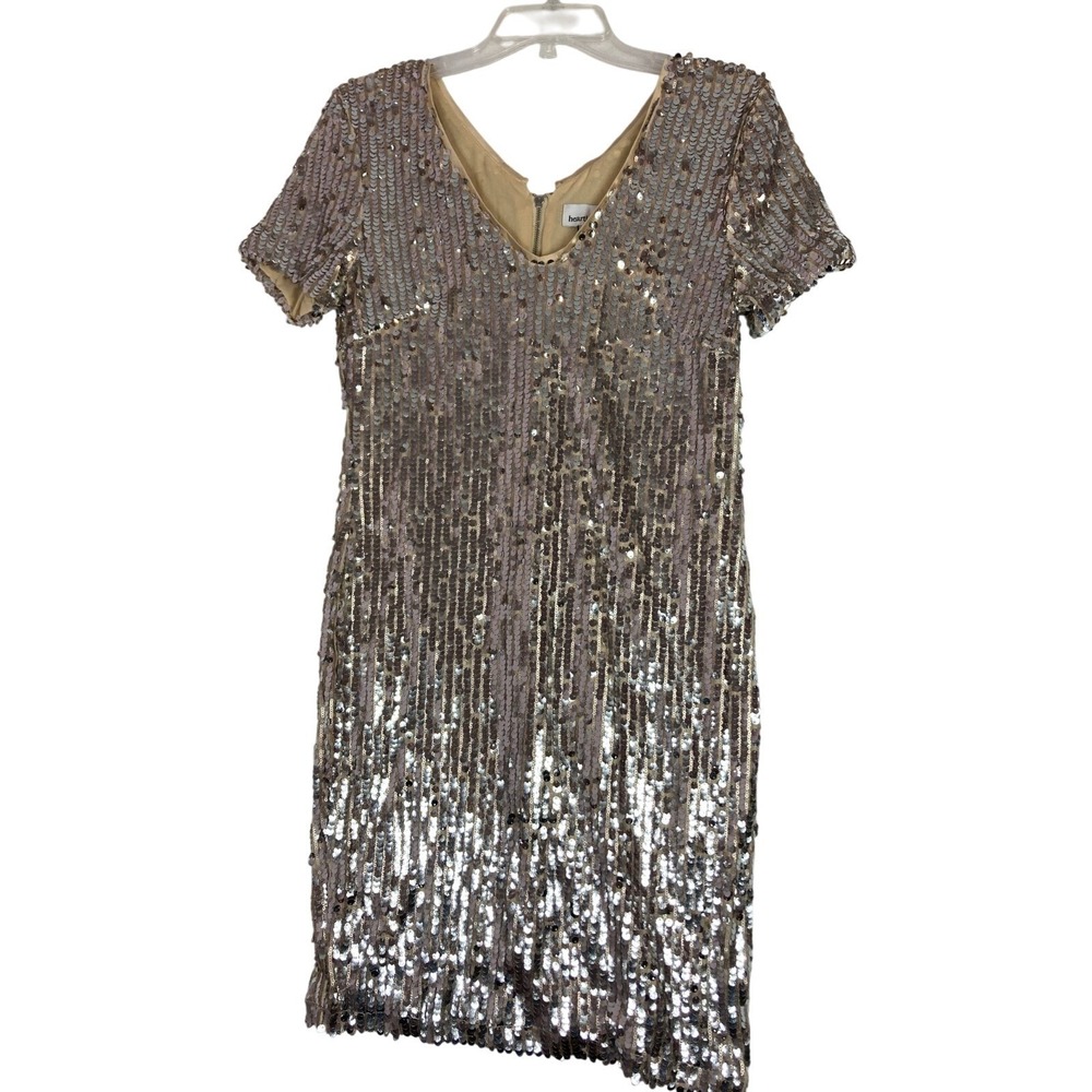 Heartloom‎ Womens Sequin V-Neck Mini Dress Champagne Silver Short Sleeve Medium